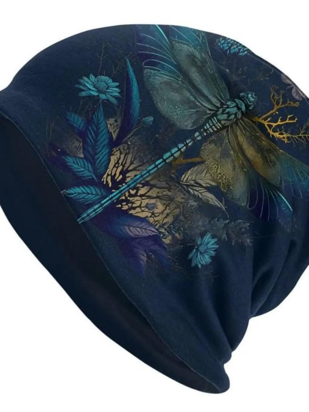 Slouchy Dragonfly Beanie for Women Soft Lightweight Skull Cap Navy Blue